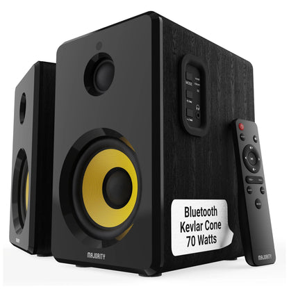 Majority D40X aktive højttalere sort med gule Kevlar-enheder, Bluetooth 5.3, 70W, fjernbetjening, kontrolpanel.