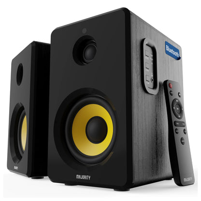 Majority D40X aktive højttalere sort med gule detaljer Bluetooth 5.3 fjernbetjening.