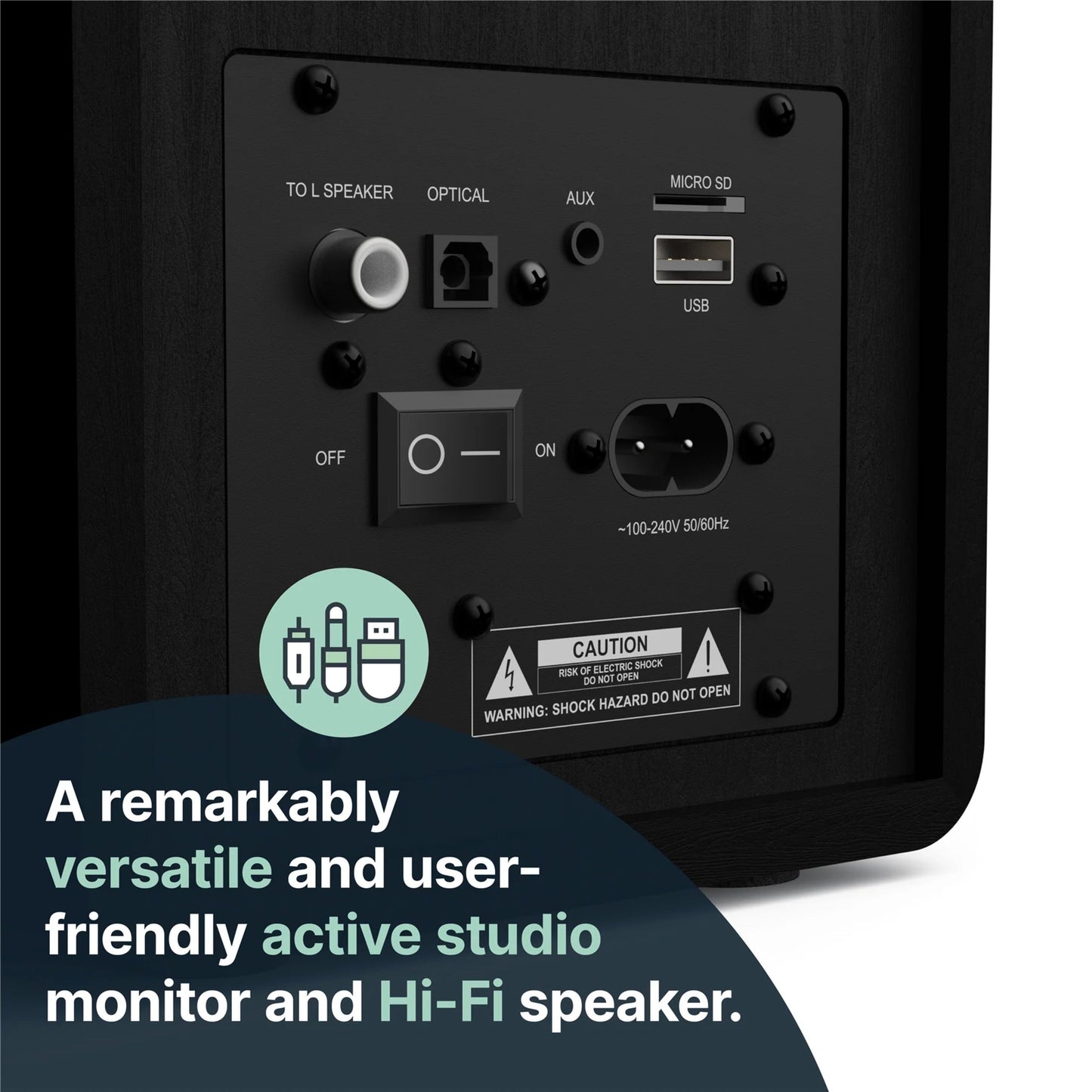 Majority D40X aktiv højttaler bagpanel med optisk, aux, micro SD, USB indgang og strømstik.