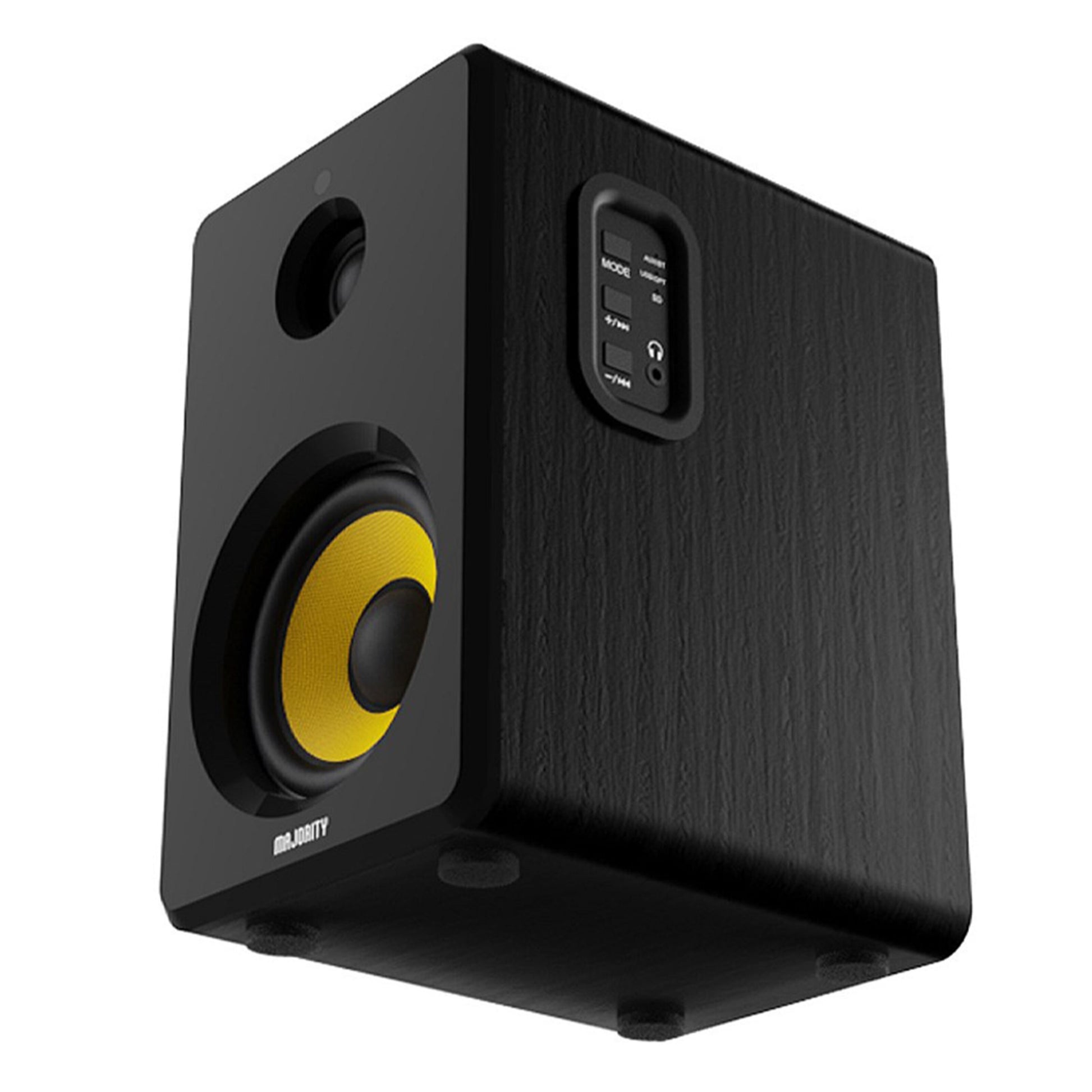 Majority D40X aktive sorte reolhøjttalere med gul woofer, lille tweeter, sideknapper, inputporte, træfinish, Bluetooth 5.3.