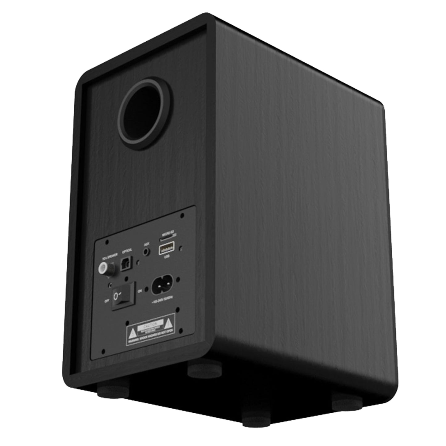 Majority D40X aktive højttalere bagfra med basport, kontrolpanel, optisk, AUX, USB, Bluetooth 5.3 og volumenknap.
