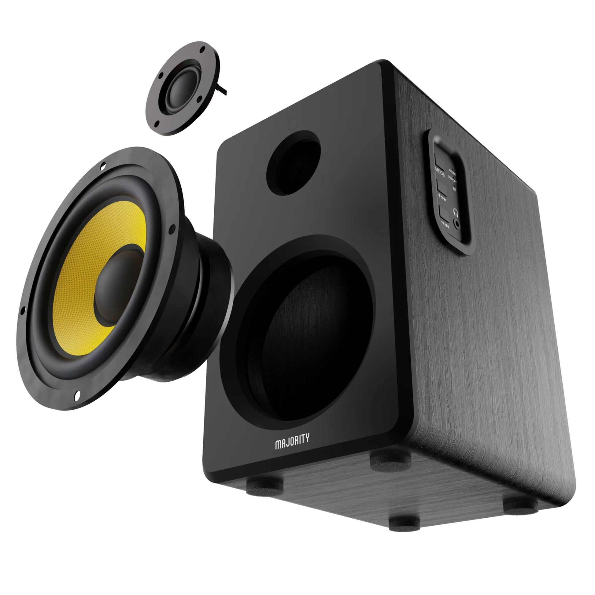 Majority D40X sort træ aktiv højttaler med frontpanel, gul woofer, lille tweeter, Majority-logo nederst foran.