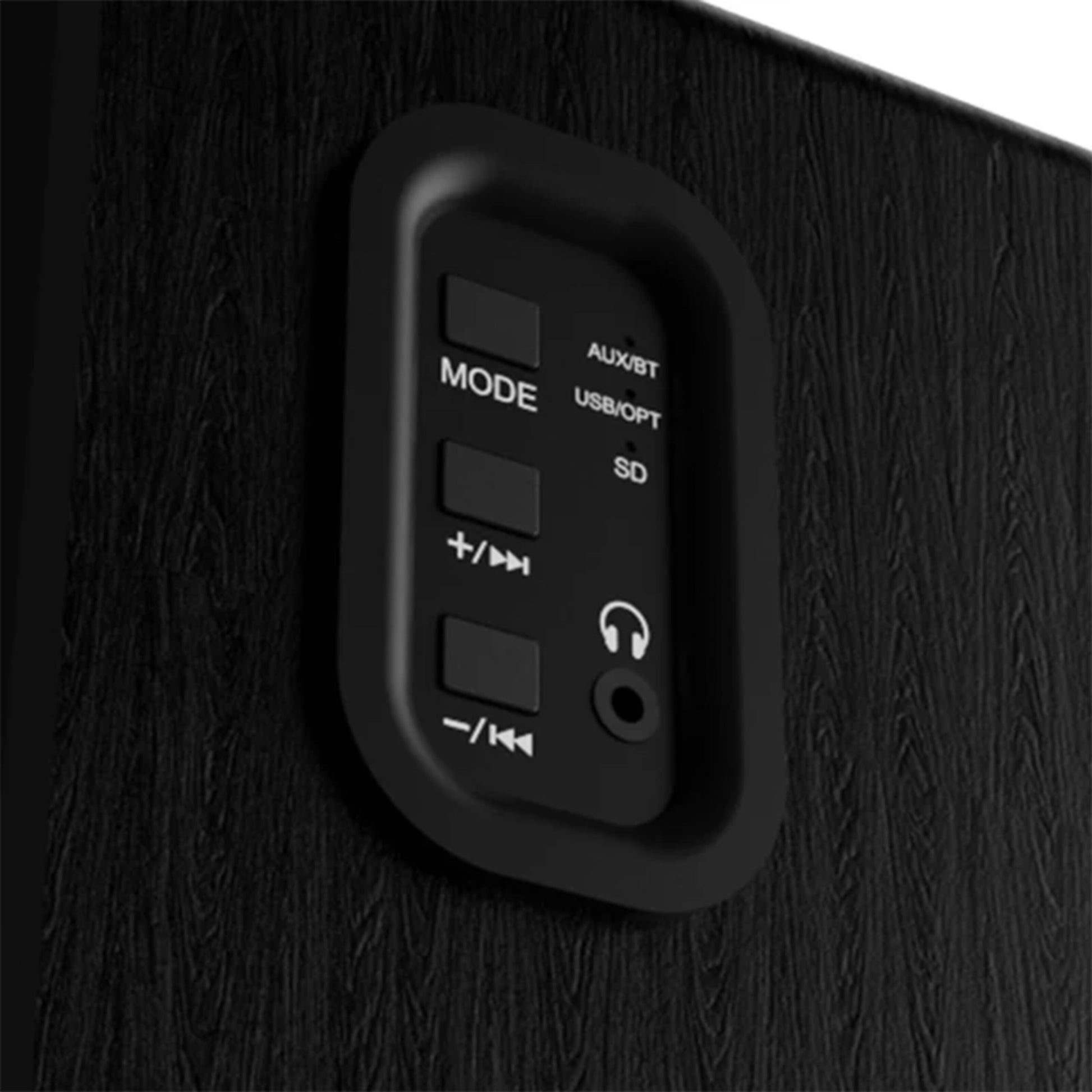Majority D40X sort aktiv højttaler kontrolpanel med knapper, hovedtelefonstik, AUX, USB/OPT, SD-kort og Bluetooth 5.3.