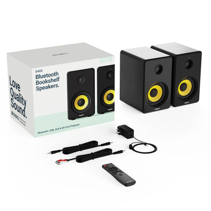 Majority D40X aktive højttalere sort med gule ringe, strømforsyning, fjernbetjening, to lydkabler, Bluetooth 5.3 æske.