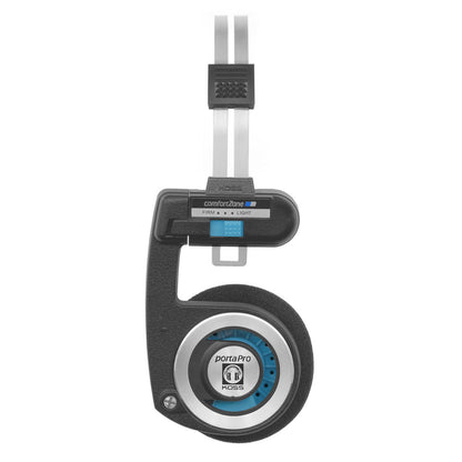 Koss Porta Pro Trådløs 2.0 on-ear hovedtelefon, sort/sølv, foldbar, skumpuder, blå ring, justerbar metalbøjle.