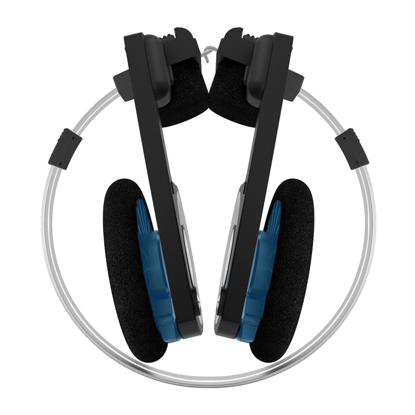 Koss Porta Pro Trådløs 2.0 Bluetooth on-ear høretelefoner, tynd sølvbøjle, sorte og blå rektangulære foldbare ørekopper.