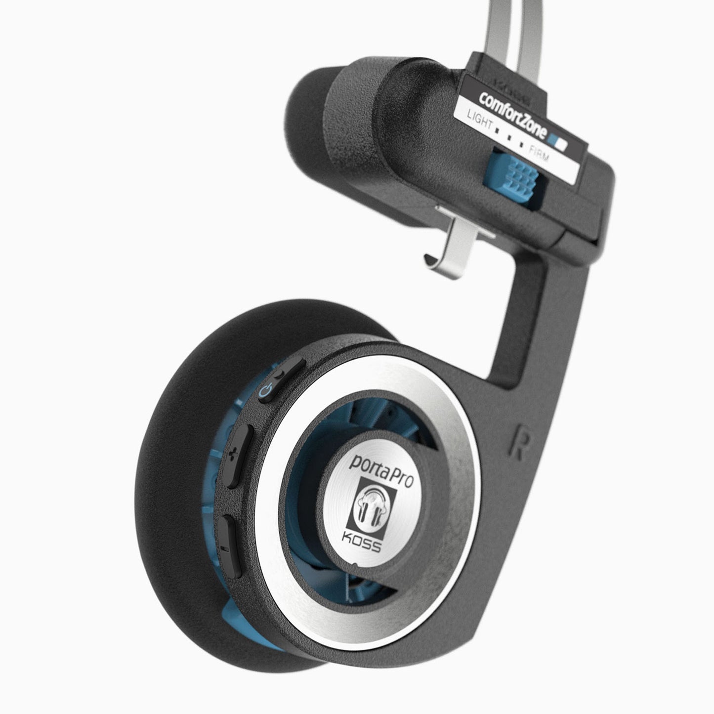 Koss Porta Pro Trådløs 2.0 høretelefon, ComfortZone slider, sort ørepude, blå/sølv detaljer, foldbart on-ear design.