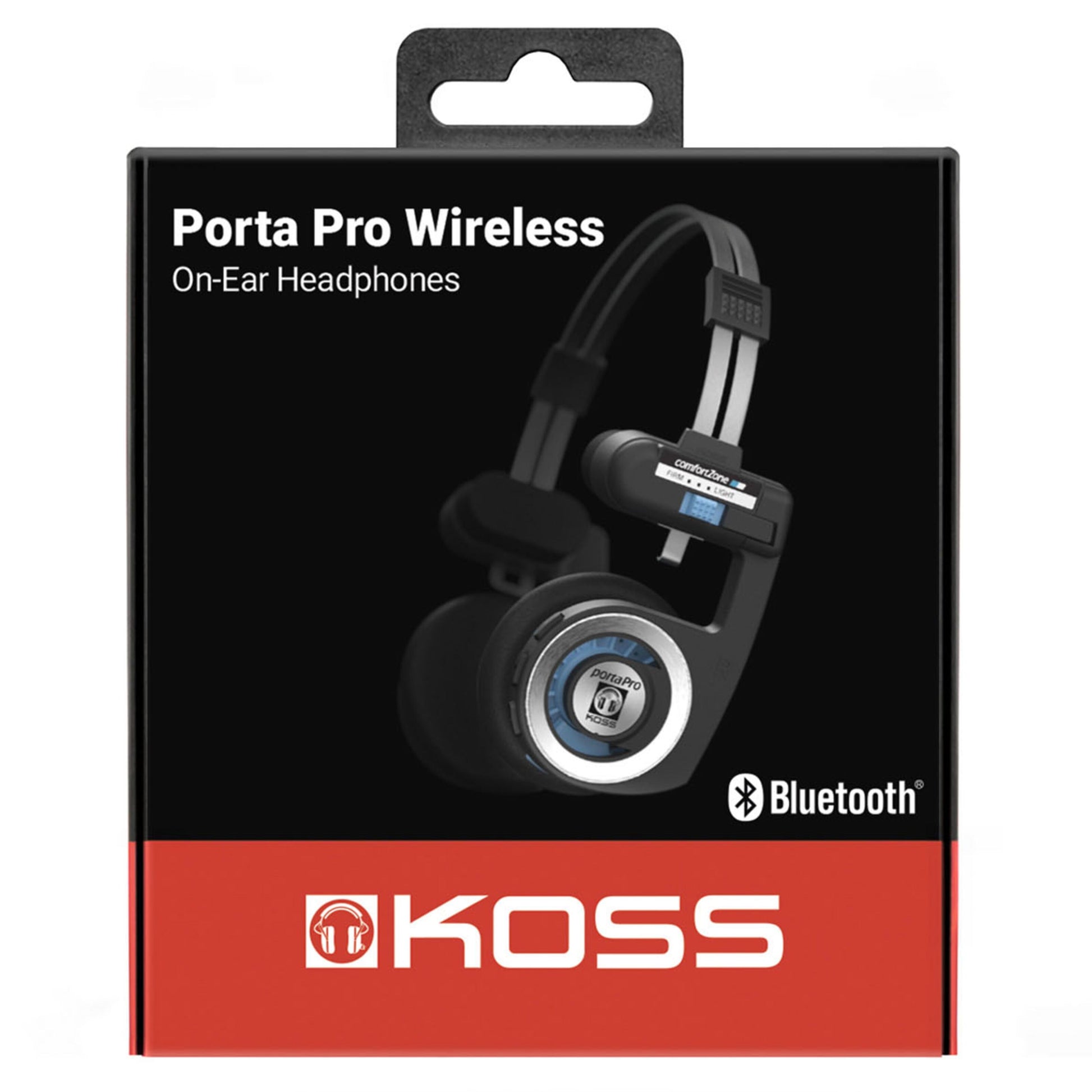 Koss Porta Pro Trådløs 2.0 sort æske med billede af foldbare on-ear hovedtelefoner og KOSS logo i hvid og rød nederst.