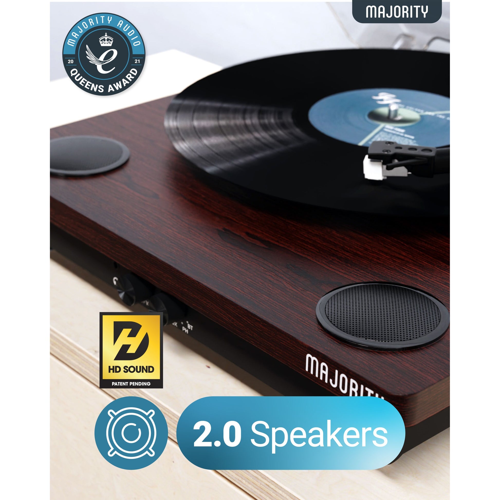 Majority pladespiller med bluetooth, vinylafspilning, indbyggede stereohøjttalere og HD Sound.