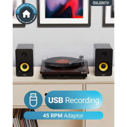Majority pladespiller med bluetooth, lyst trækabinet, indbyggede stereohøjttalere, USB Recording, 45 RPM Adaptor.