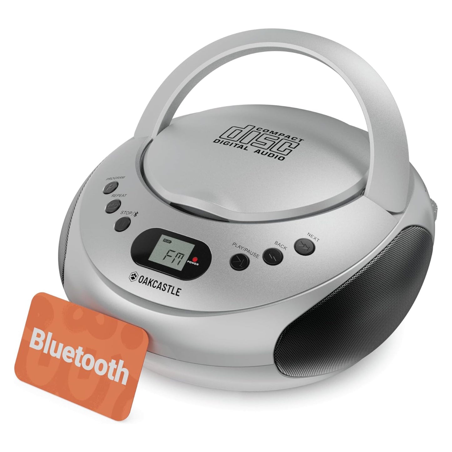 Oakcastle CD250 bærbar CD-afspiller med håndtag, digitalt display, FM-radio, kontrolknapper, sidehøjttalere, orange Bluetooth-indikator.