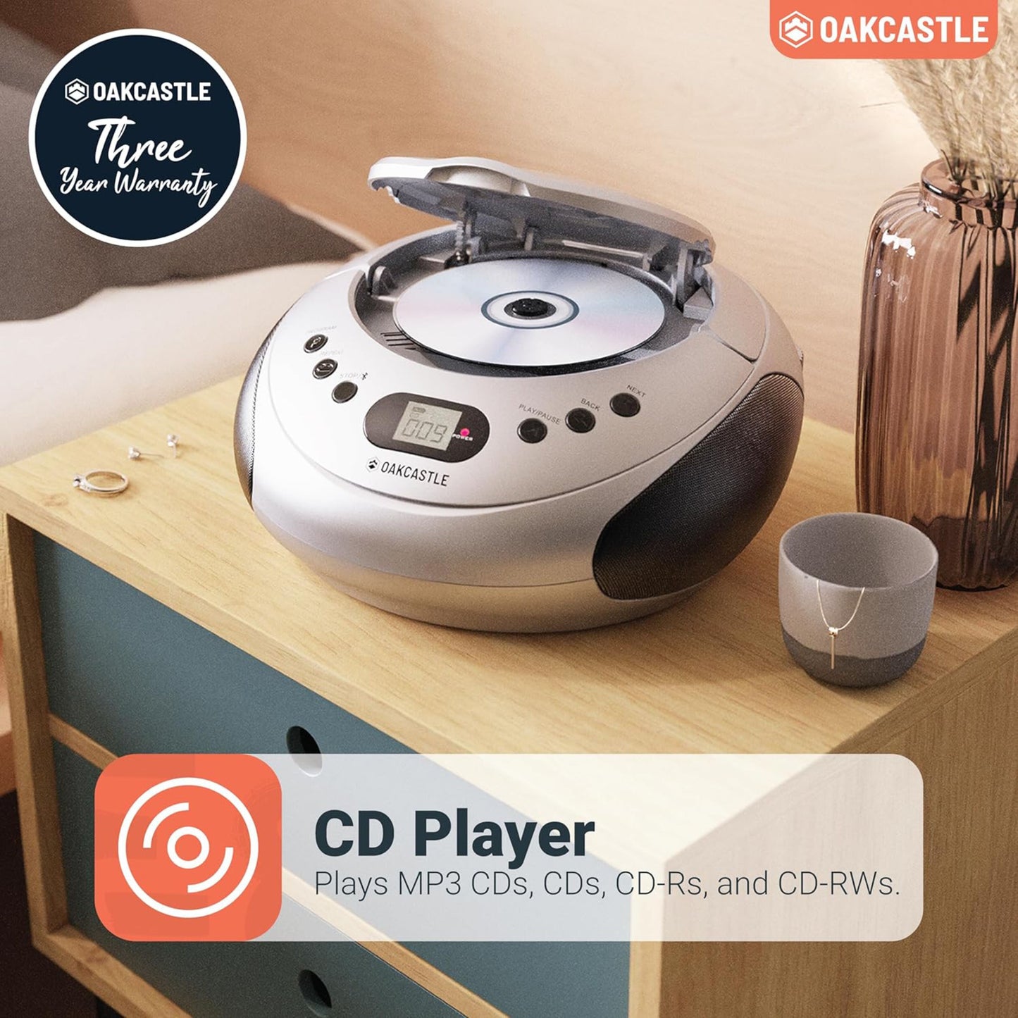Oakcastle CD250 bærbar CD-afspiller sølv, 01 i display, afspiller MP3-CD/CD/CD-R/CD-RW, Bluetooth.