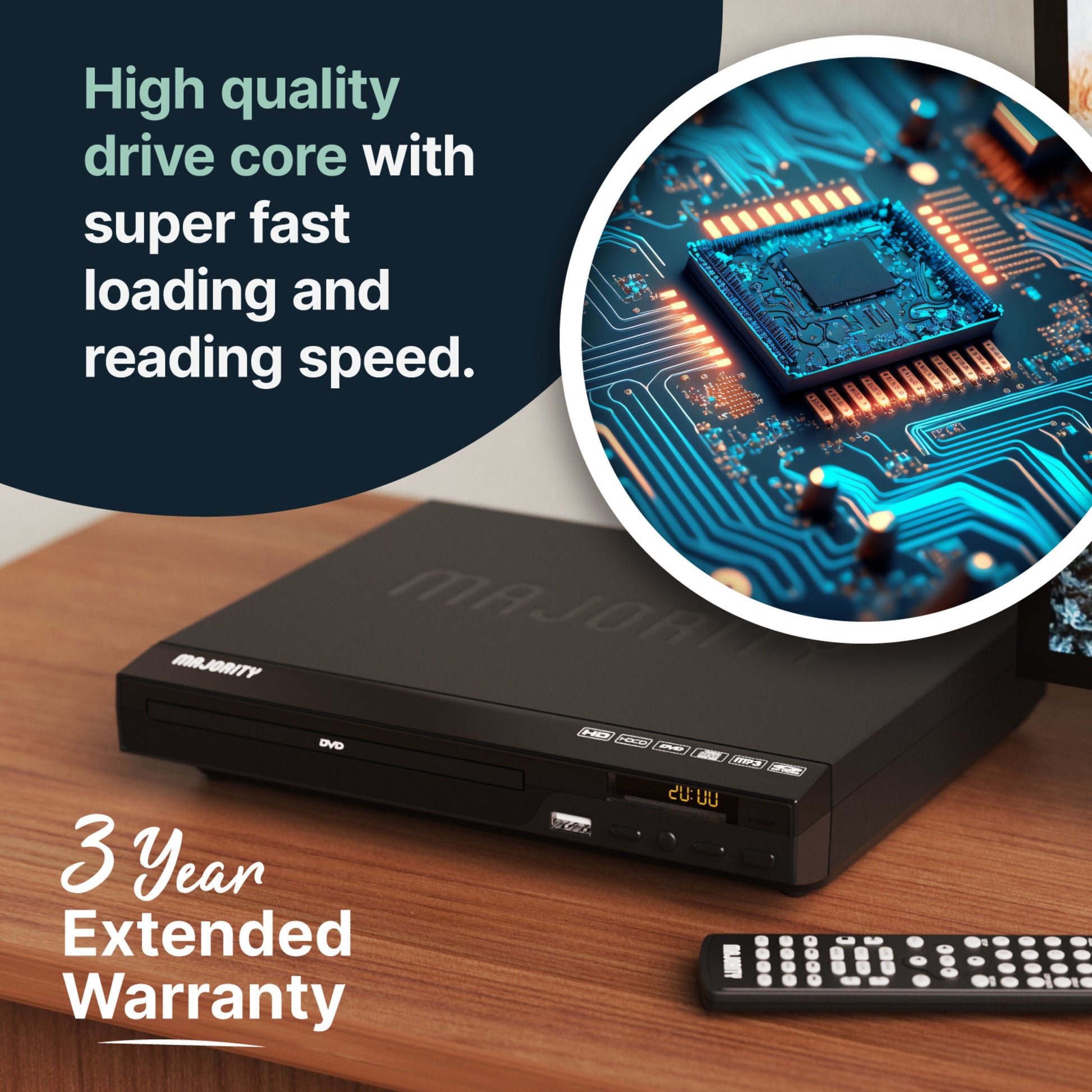 Majority DVD-afspiller med HDMI-udgang, fjernbetjening ved siden af, indsat billede af microchip, tekst "High quality drive core.