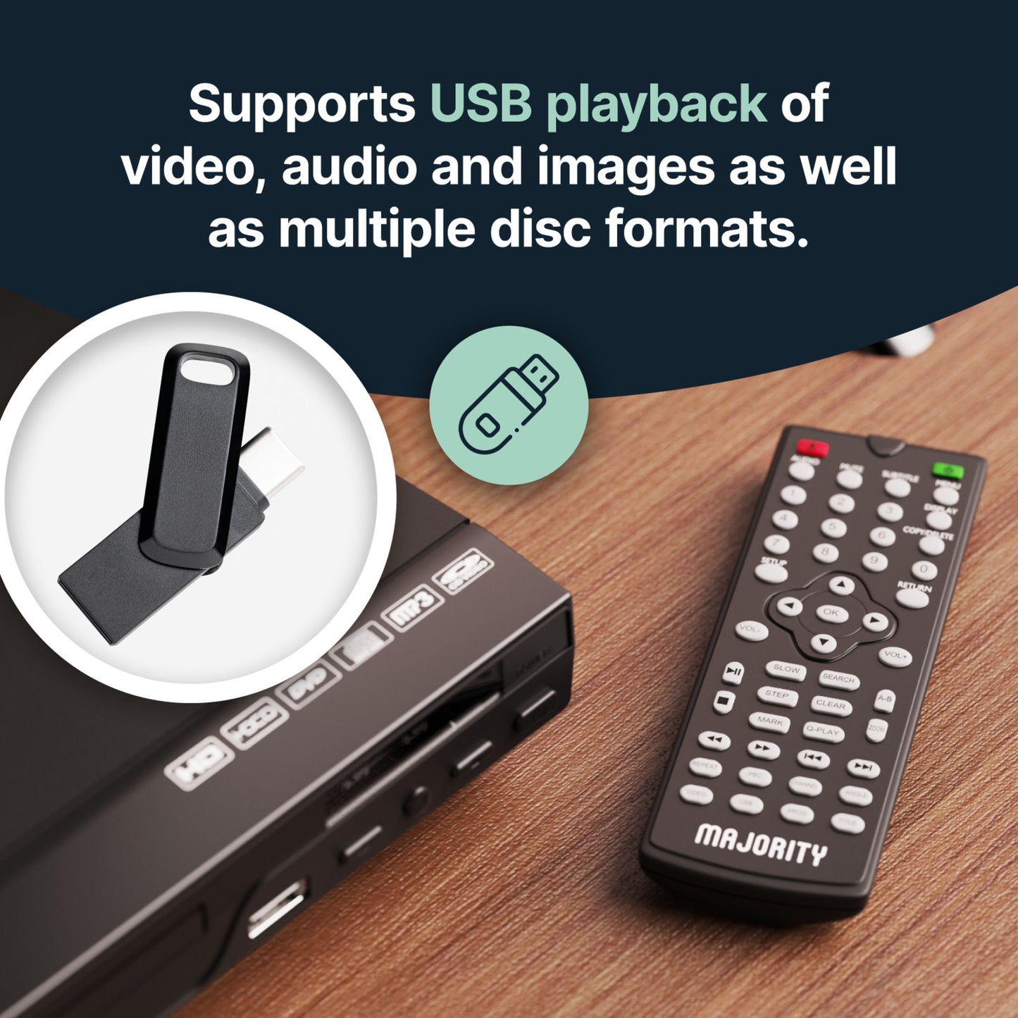 Majority DVD-afspiller sort med USB-port, HDMI-udgang og fjernbetjening, understøtter video-, lyd- og billedafspilning.