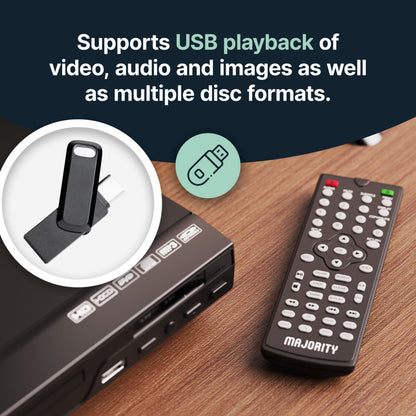 Majority DVD-afspiller sort med USB-port, HDMI-udgang og fjernbetjening, understøtter video-, lyd- og billedafspilning.