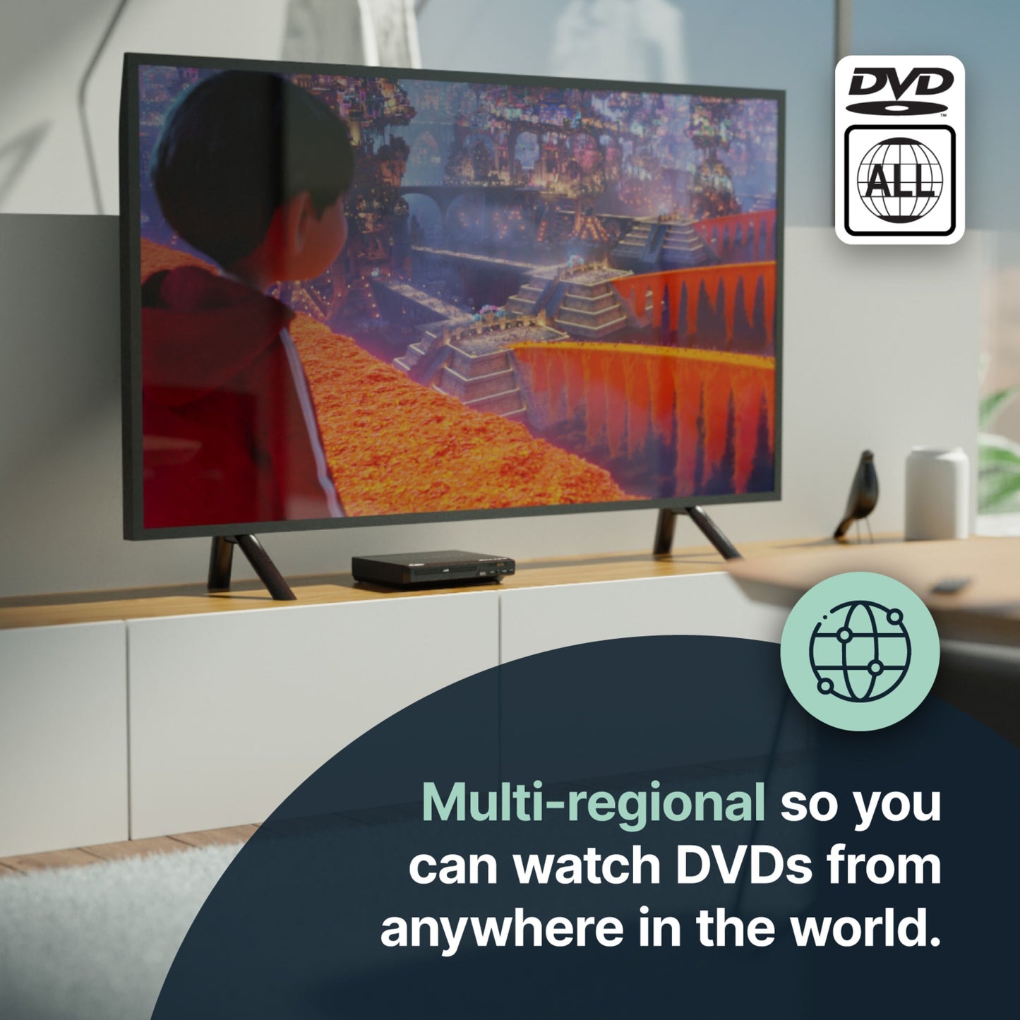 Majority DVD-afspiller med HDMI-udgang, ALL regions logo og multi-regional tekst, sorter model under TV.