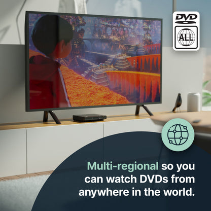 Majority DVD-afspiller med HDMI-udgang, ALL regions logo og multi-regional tekst, sorter model under TV.