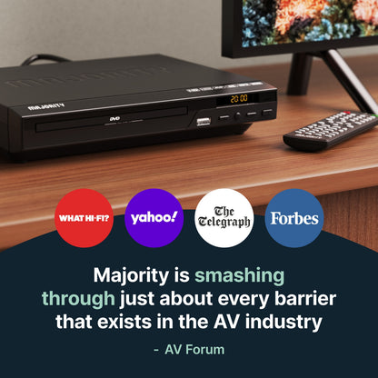 Majority DVD-afspiller sort med HDMI-udgang, USB-port og fjernbetjening, What Hi-Fi?, Yahoo, The Telegraph, Forbes-logoer.