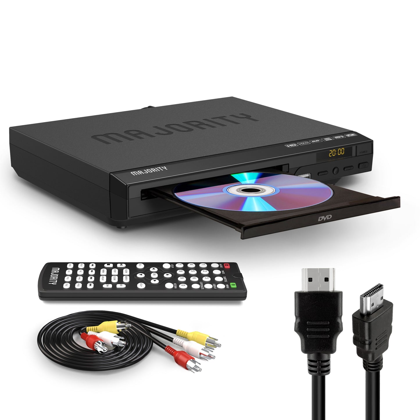 Majority DVD-afspiller sort, frontdisplay viser 20:00, åben CD-bakke med disc, HDMI-udgang, regionfri, fjernbetjening, kabler.