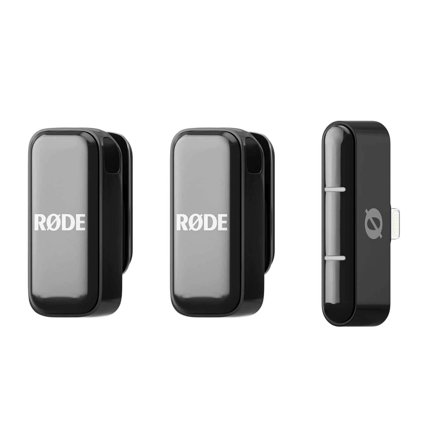 Røde trådløst sæt med to sorte transmittere med Røde-logo og kompakt modtager med Lightning-stik til Apple-enheder.