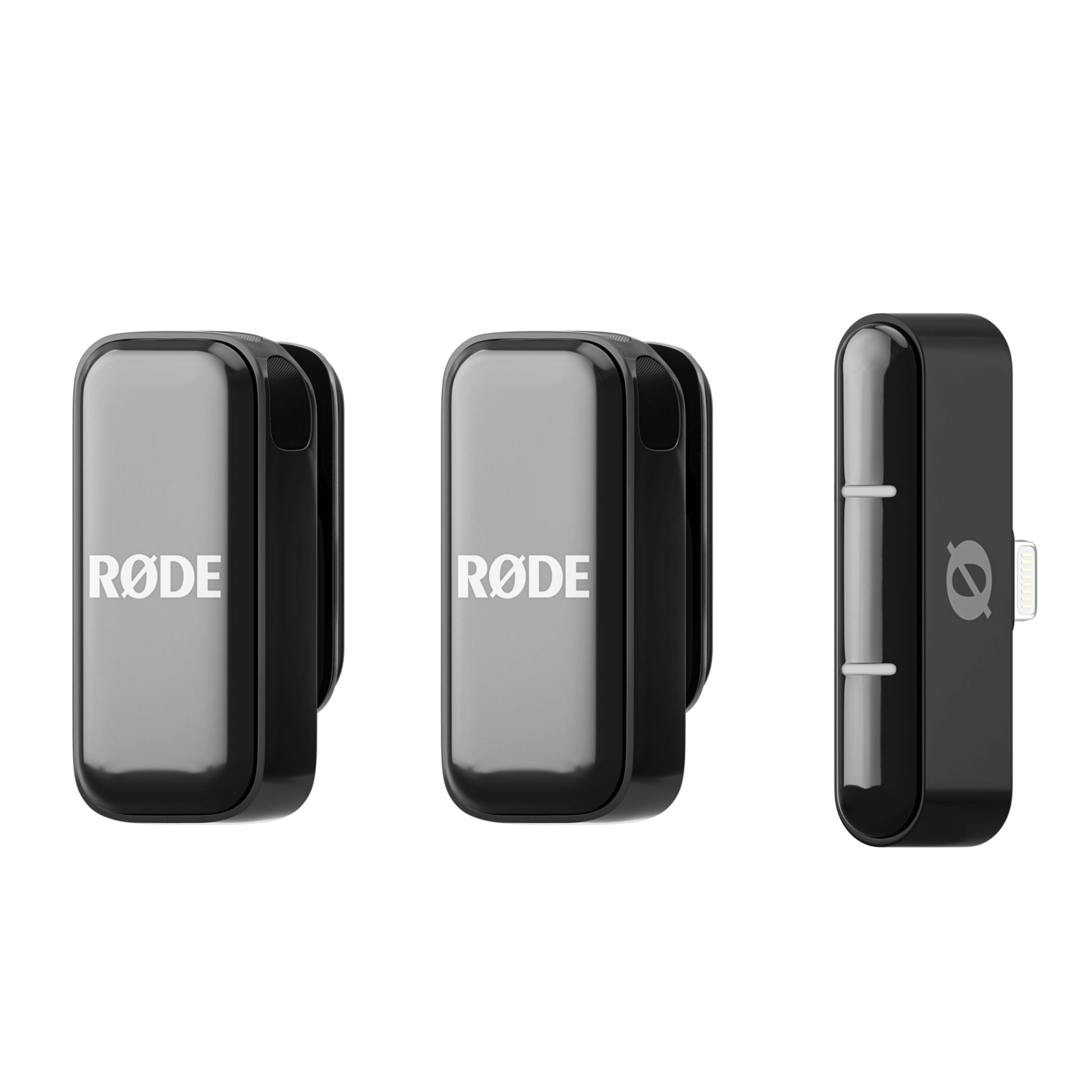Røde trådløst sæt med to sorte transmittere med Røde-logo og kompakt modtager med Lightning-stik til Apple-enheder.