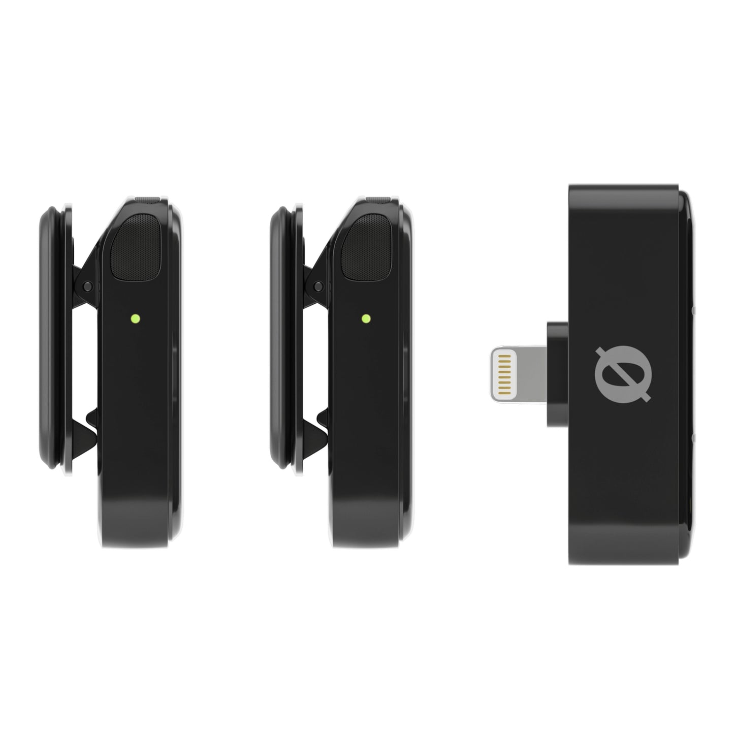 Røde Trådløs mikrofon kit med to clip-on sendere med grøn diode og en modtager med Lightning-stik.