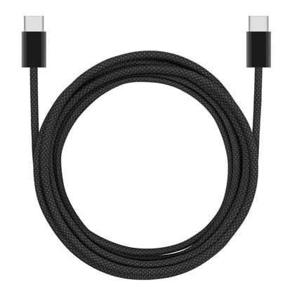 Linocell flettet USB-C 2.0-kabel 2m sort, understøtter 240W opladning, begge USB-C stik synlige på sammenrullet kabel.