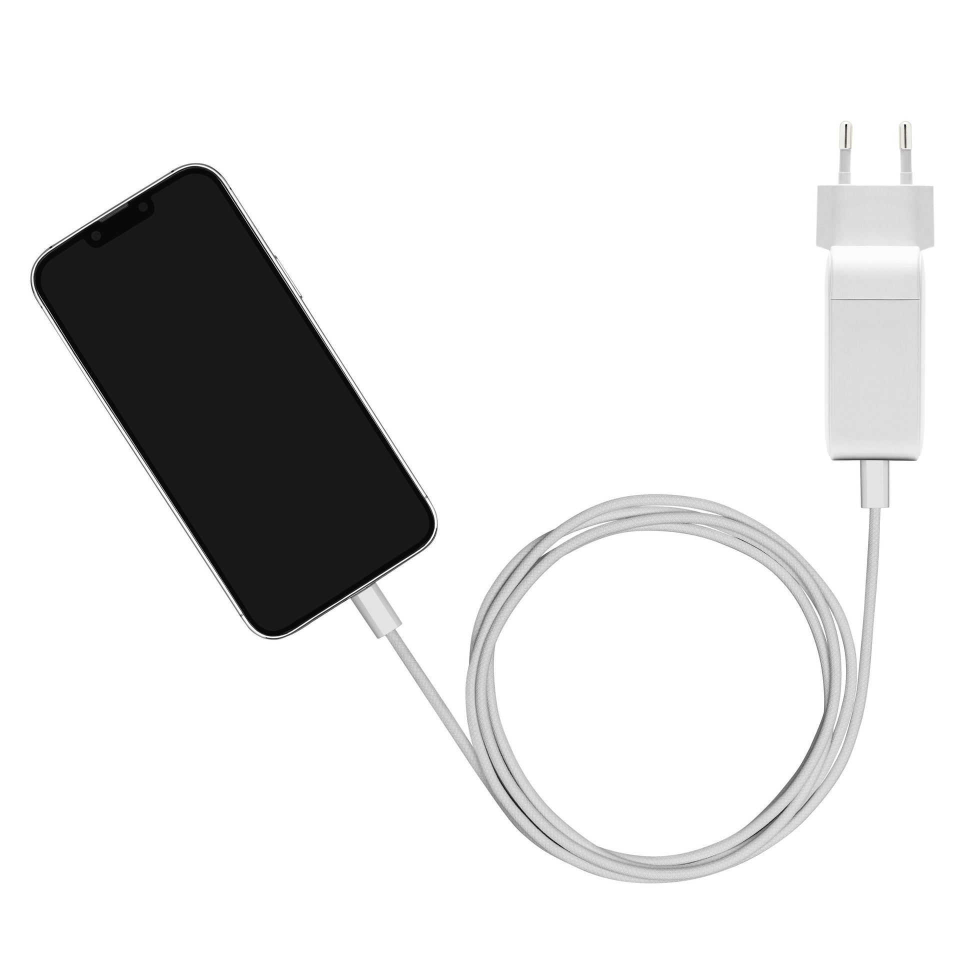Smartphone med slukket skærm tilsluttet flettet USB-C 2.0-kabel 2 m 240 W hvid og stikadapter, kabel oprullet.