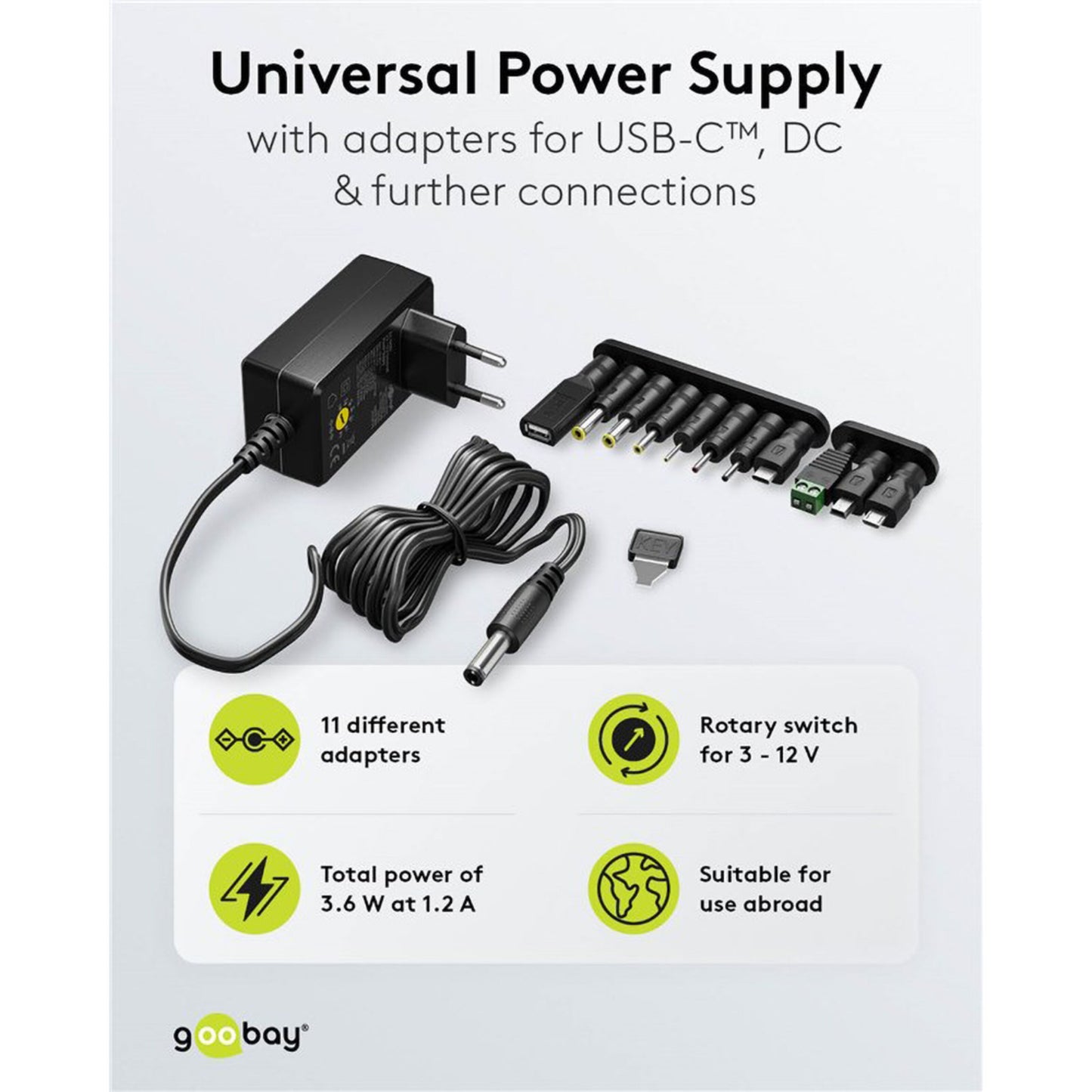Goobay justerbar strømadapter 3-12V DC 3,6W USB-C, 4 USB-porte, 7 DC-stik, drejekontakt, 11 adaptertips.