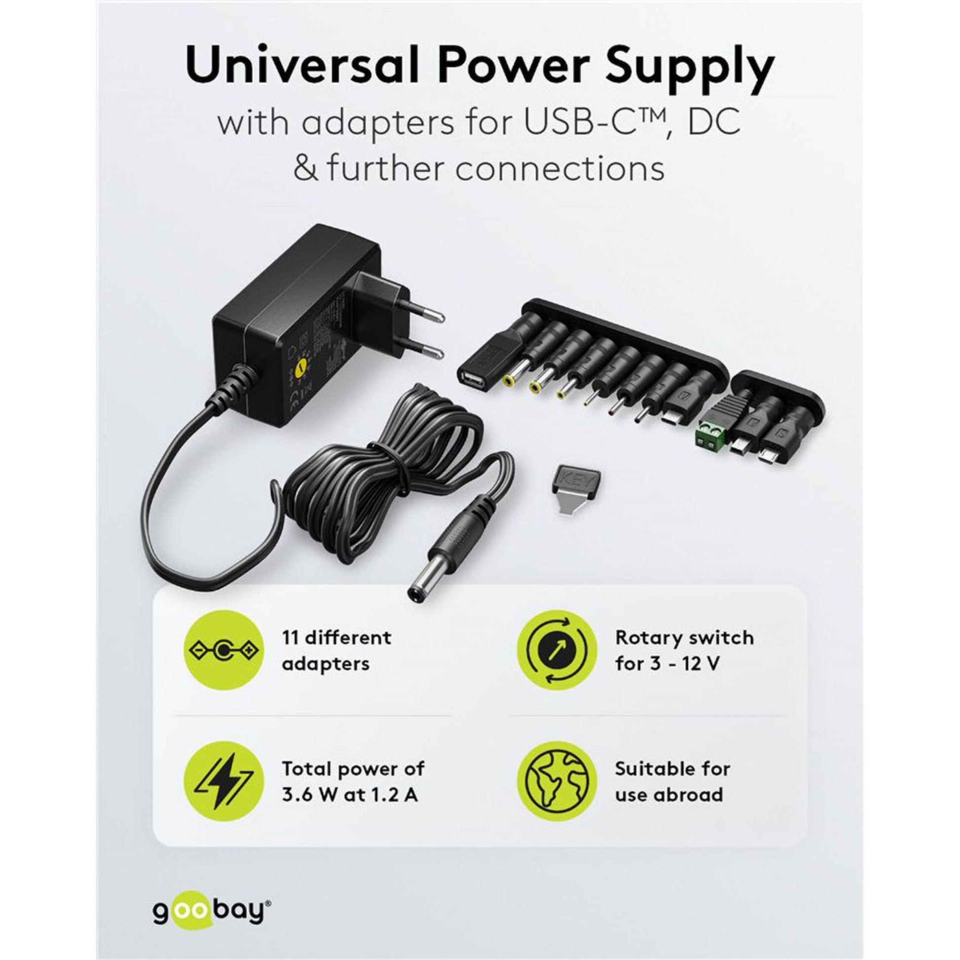 Goobay justerbar strømadapter 3-12V DC 3,6W USB-C, 4 USB-porte, 7 DC-stik, drejekontakt, 11 adaptertips.