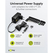 Goobay justerbar strømadapter 3-12V DC 3,6W USB-C, 4 USB-porte, 7 DC-stik, drejekontakt, 11 adaptertips.