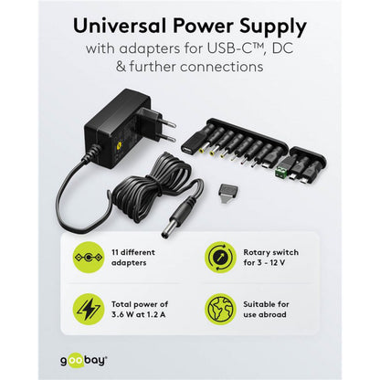 Goobay justerbar strømadapter 3-12V DC 3,6W USB-C, 4 USB-porte, 7 DC-stik, drejekontakt, 11 adaptertips.