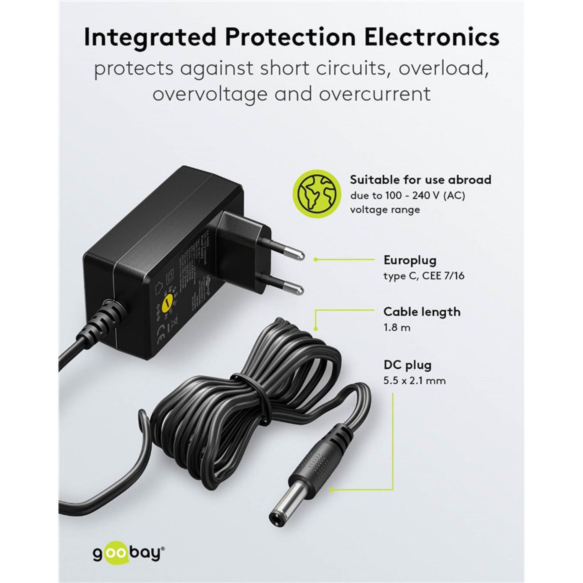 Goobay justerbar strømadapter sort 3-12V DC 3,6W Europlug C 1,8m kabel 4 USB porte 5,5x2,1 mm DC stik 100-240V AC.