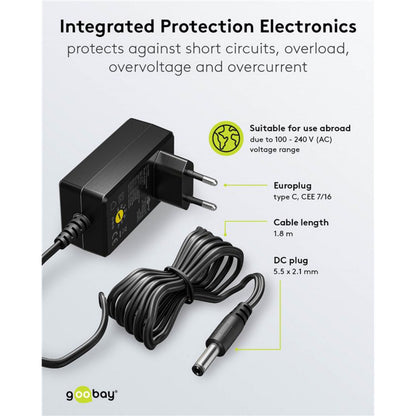 Goobay justerbar strømadapter sort 3-12V DC 3,6W Europlug C 1,8m kabel 4 USB porte 5,5x2,1 mm DC stik 100-240V AC.