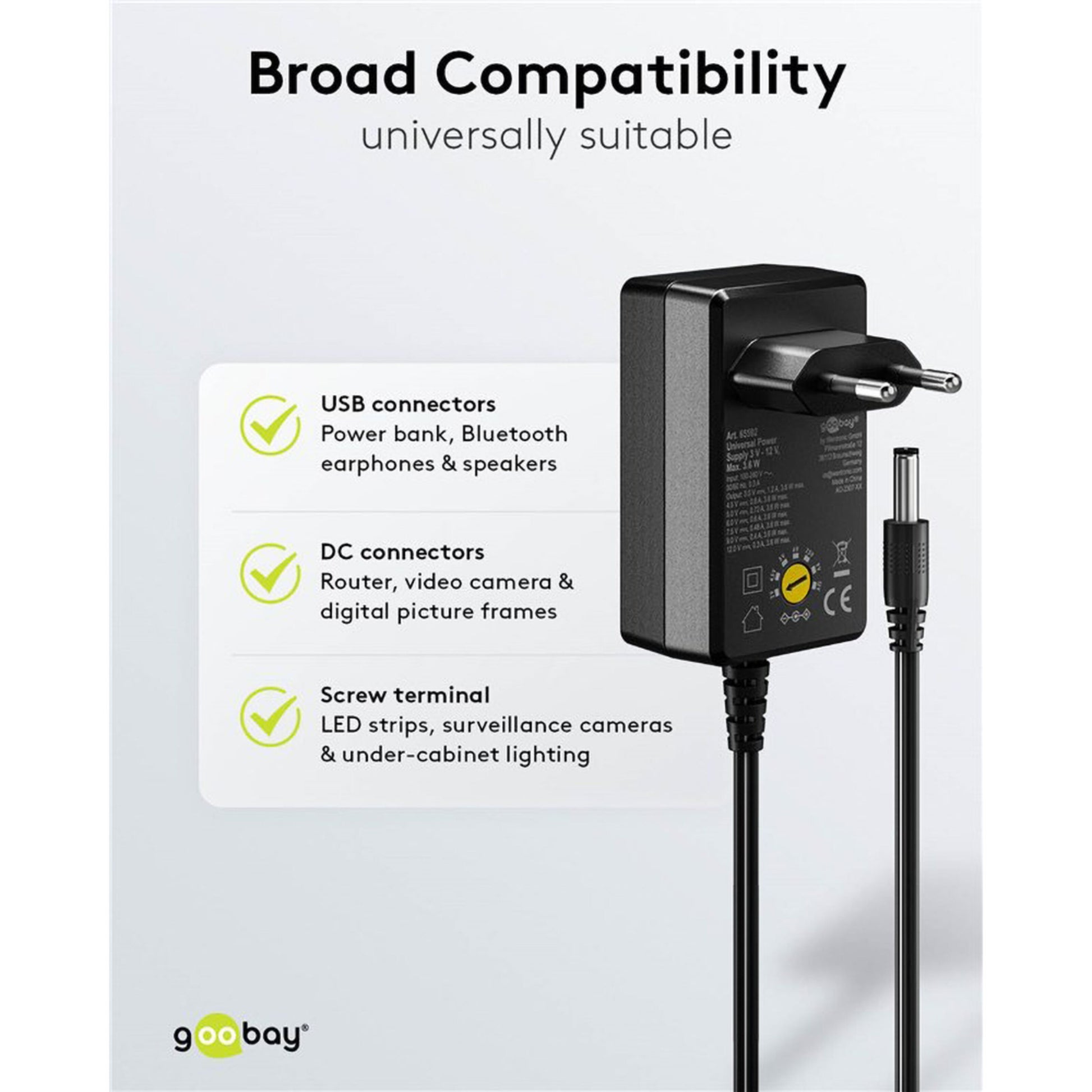 Goobay justerbar strømadapter 3-12 V DC 3,6 W sort med EU-stik, 7 DC-stik og 4 USB-stik.