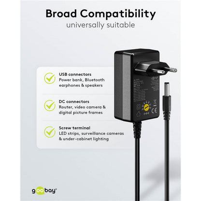 Goobay justerbar strømadapter 3-12 V DC 3,6 W sort med EU-stik, 7 DC-stik og 4 USB-stik.