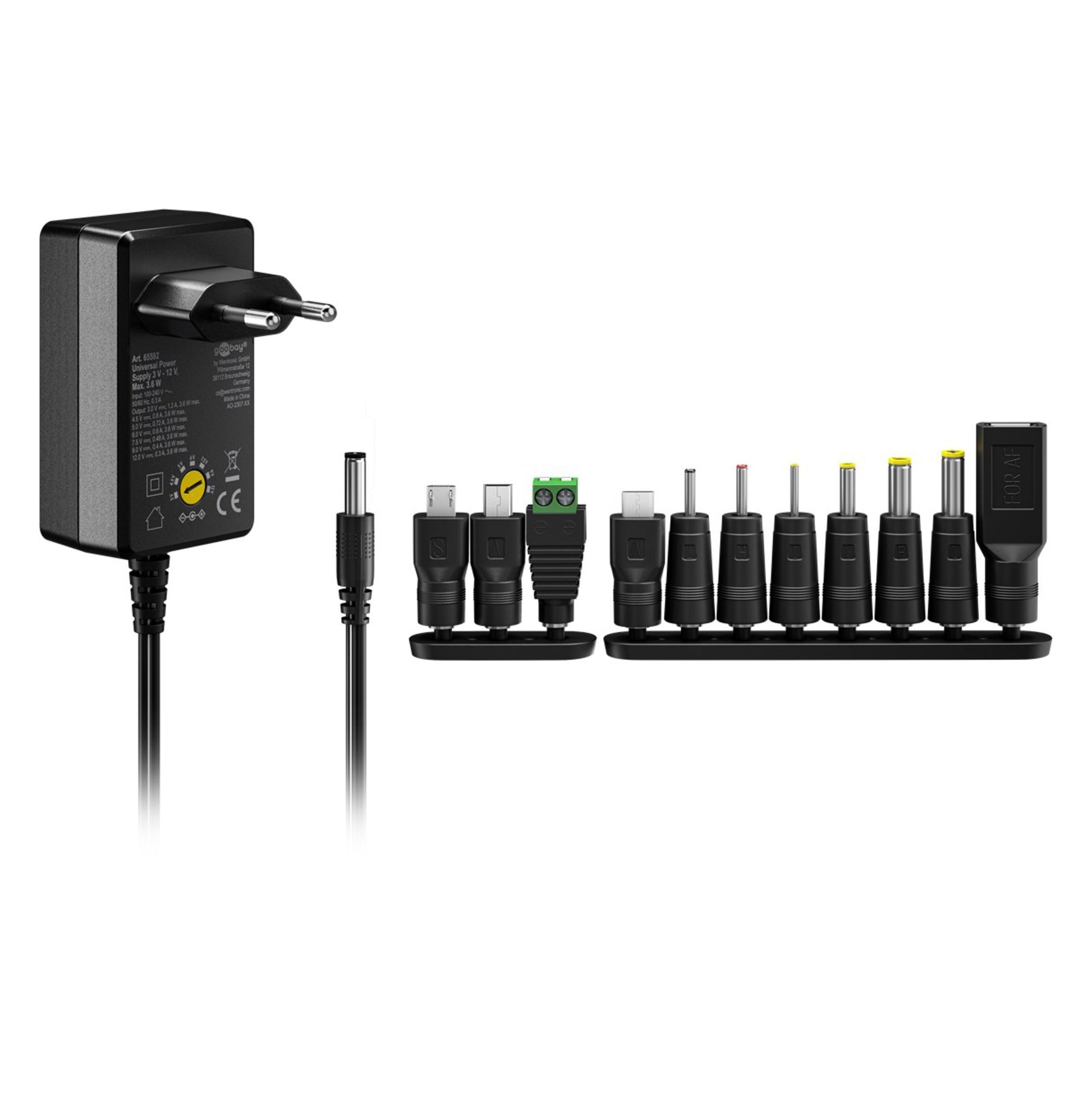Goobay justerbar strømadapter 3-12 V DC 3,6 W europæisk stik 4 USB porte 7 DC-stik 10 forbindelsestips ved siden af.