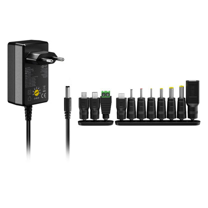 Goobay justerbar strømadapter 3-12 V DC 3,6 W europæisk stik 4 USB porte 7 DC-stik 10 forbindelsestips ved siden af.