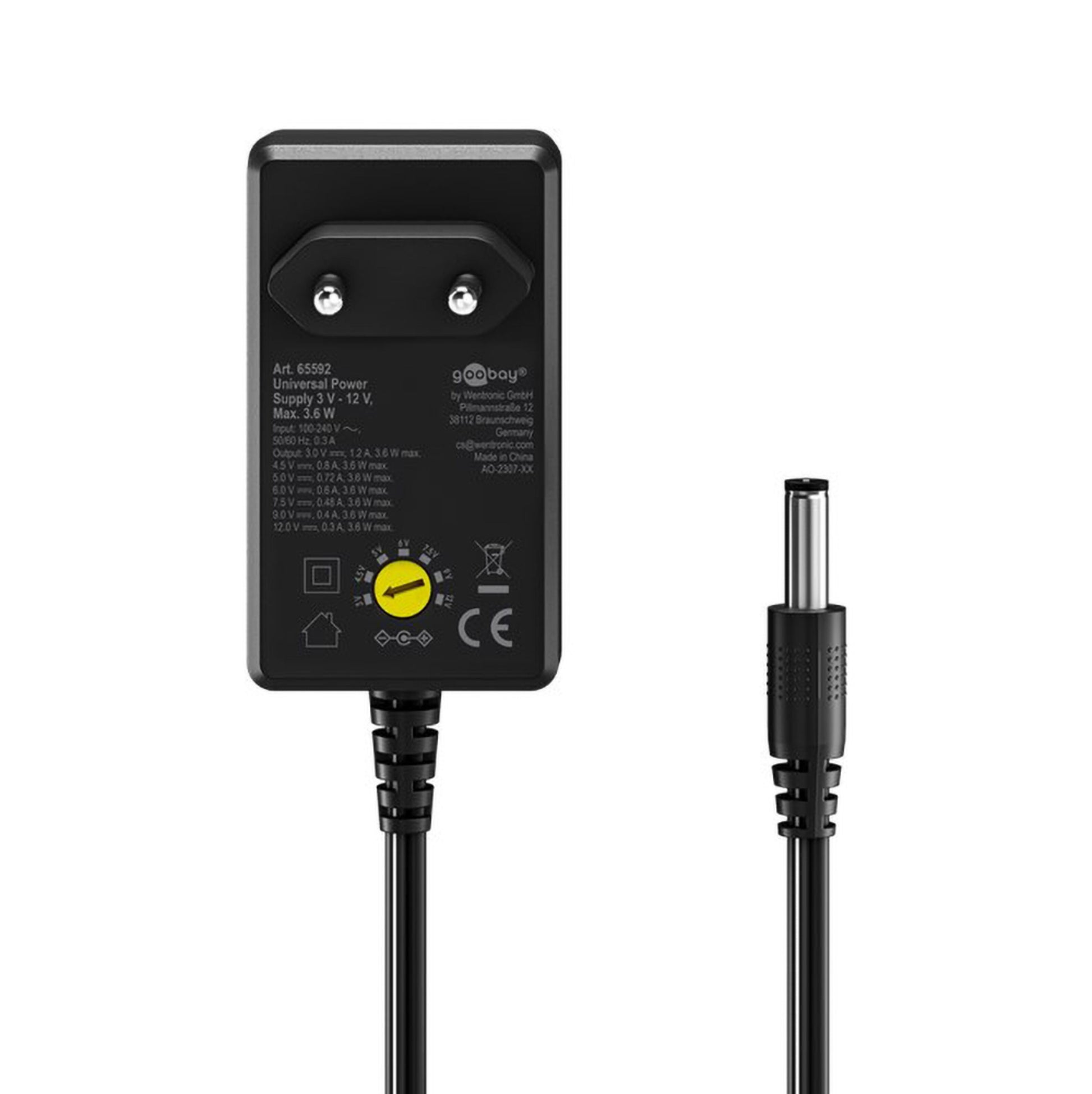Goobay justerbar strømadapter 3-12 V DC 3,6 W med EU-stik, gul spændingsvælger, 7 DC-stik og DC-barrel kabel.