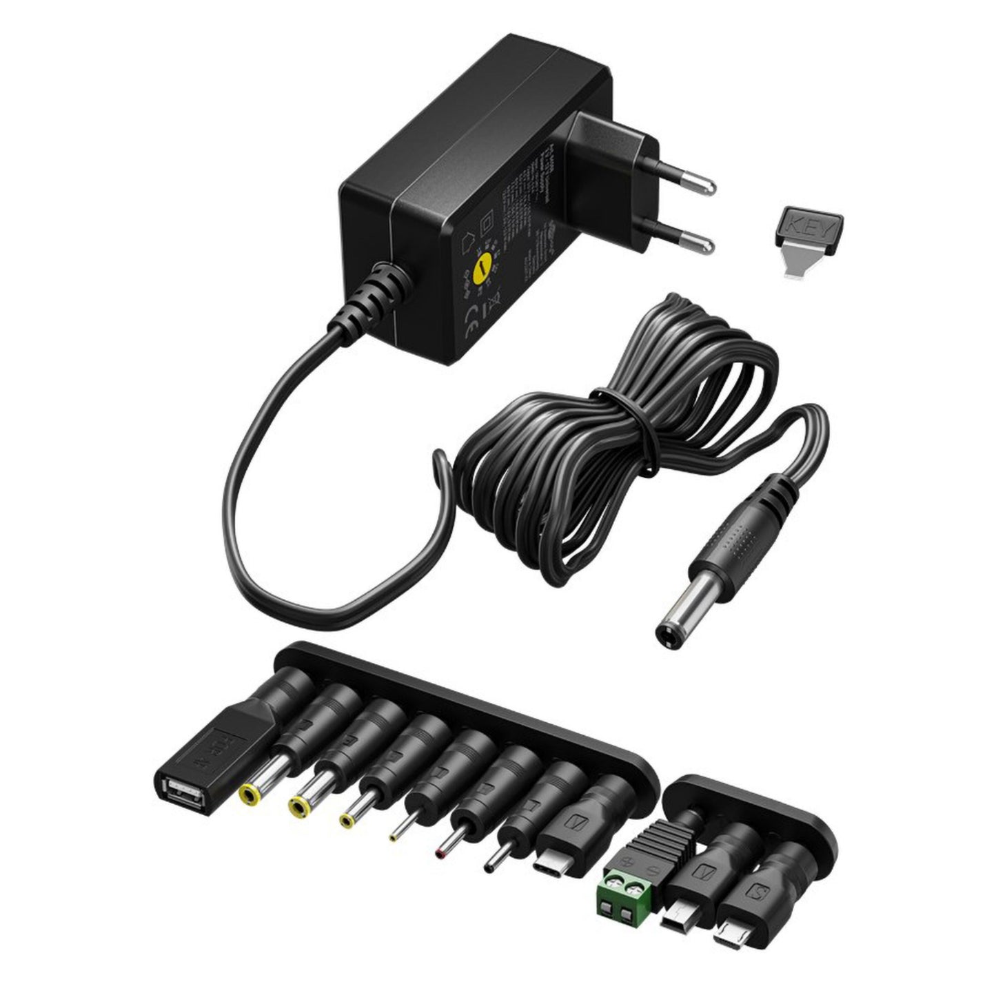 Goobay justerbar netadapter 3-12 V DC 27 W universal strømforsyning med EU-stik, spiralkabel, udskiftelige stikspidser.