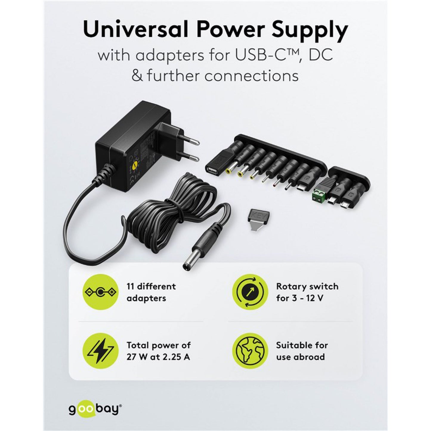 Goobay justerbar netadapter 3-12V DC 27W med drejeomskifter, 11 adaptere inkl. USB-C og DC, op til 27W/2,25A.