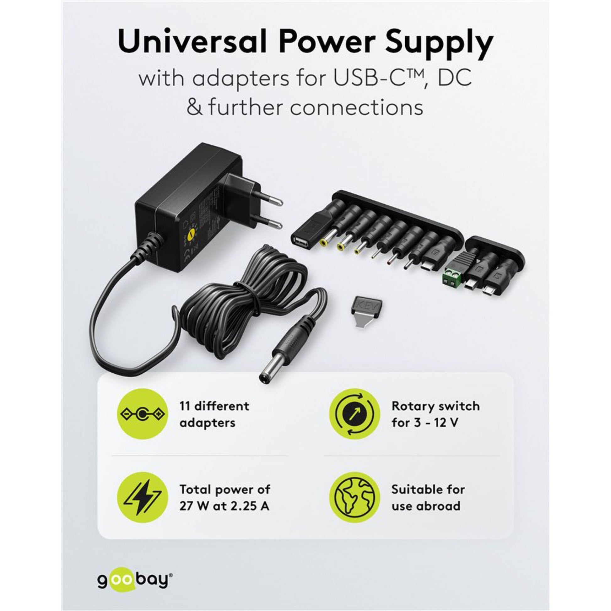 Goobay justerbar netadapter 3-12V DC 27W med drejeomskifter, 11 adaptere inkl. USB-C og DC, op til 27W/2,25A.