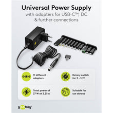 Goobay justerbar netadapter 3-12V DC 27W med drejeomskifter, 11 adaptere inkl. USB-C og DC, op til 27W/2,25A.