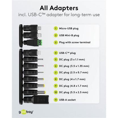 Goobay 11 adapterstik til justerbar netadapter 3-12V DC 27W inkl. Micro-USB, Mini-B, USB-C, skrueklemme, DC-stik, USB-A.