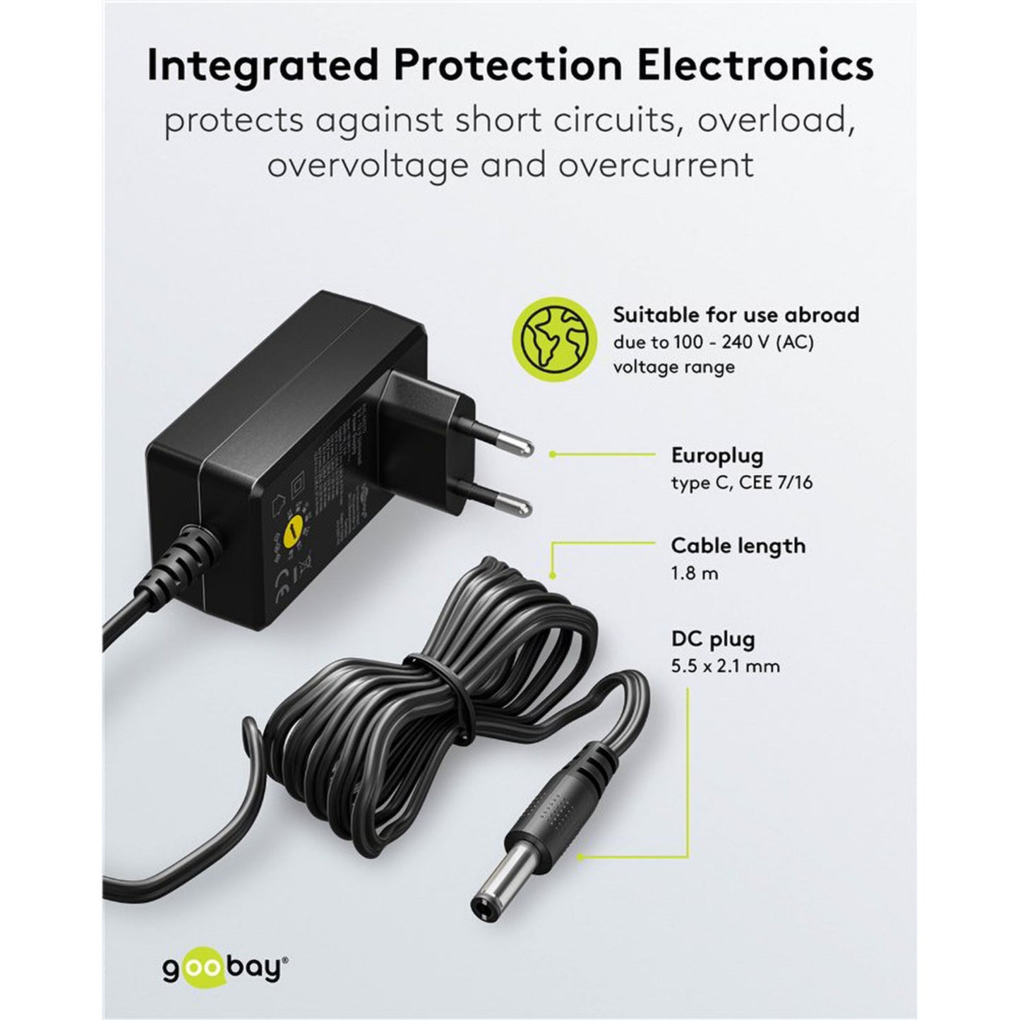Goobay justerbar netadapter 3-12V DC 27W sort med Eurostik, spiral 1,8 m kabel og 5,5 x 2,1 mm DC-stik.