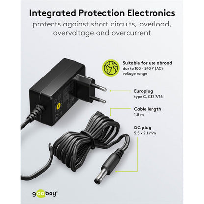 Goobay justerbar netadapter 3-12V DC 27W sort med Eurostik, spiral 1,8 m kabel og 5,5 x 2,1 mm DC-stik.