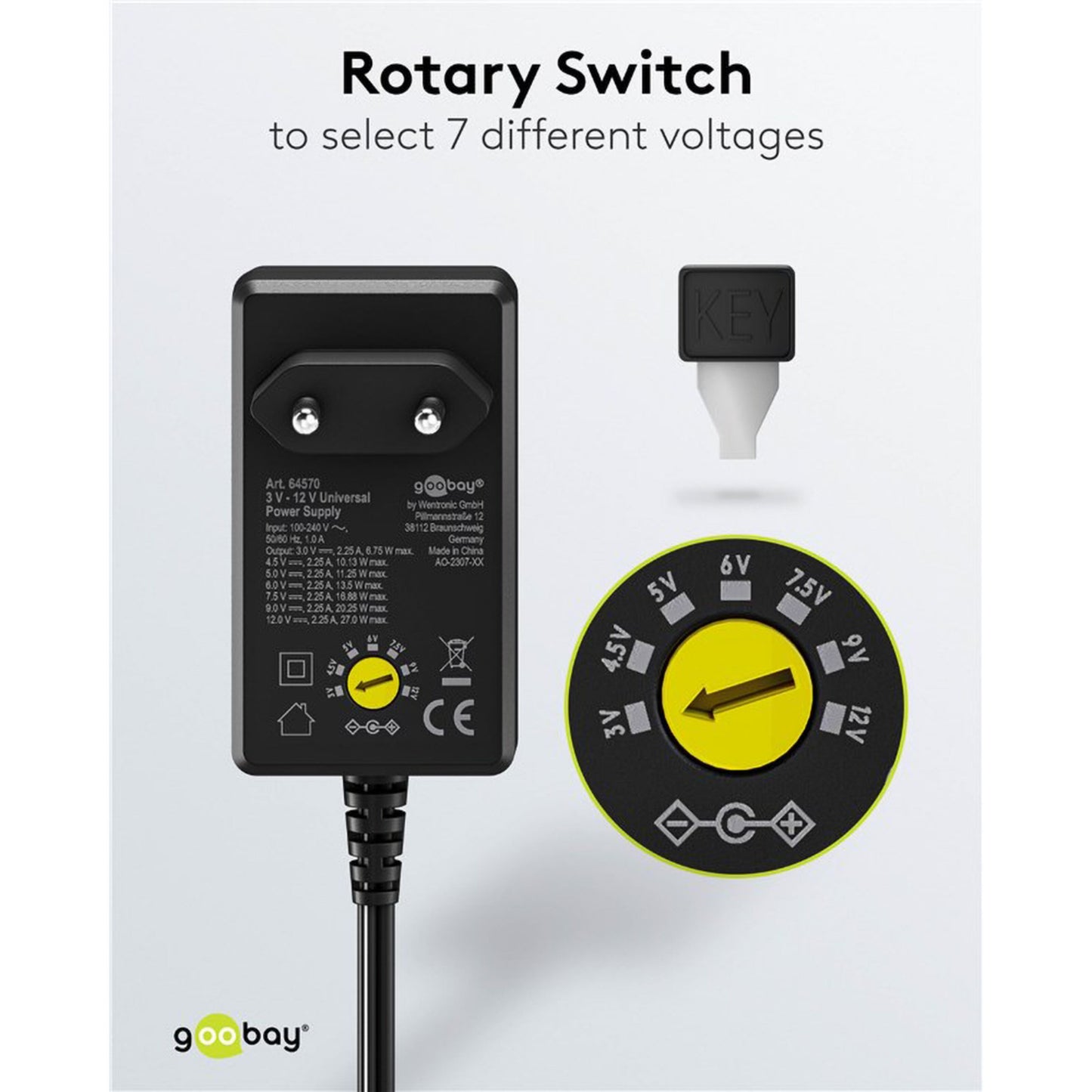 Goobay justerbar netadapter 3-12V DC 27W sort med drejeknap til 7 spændingsvalg, inkl. justeringsværktøj og instruktion.