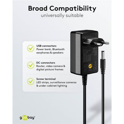 Goobay sorterer justerbar netadapter 3-12V DC 27W med EU-stik, kabel, USB, DC-stik, skrueklemmer og Goobay-logo nederst.