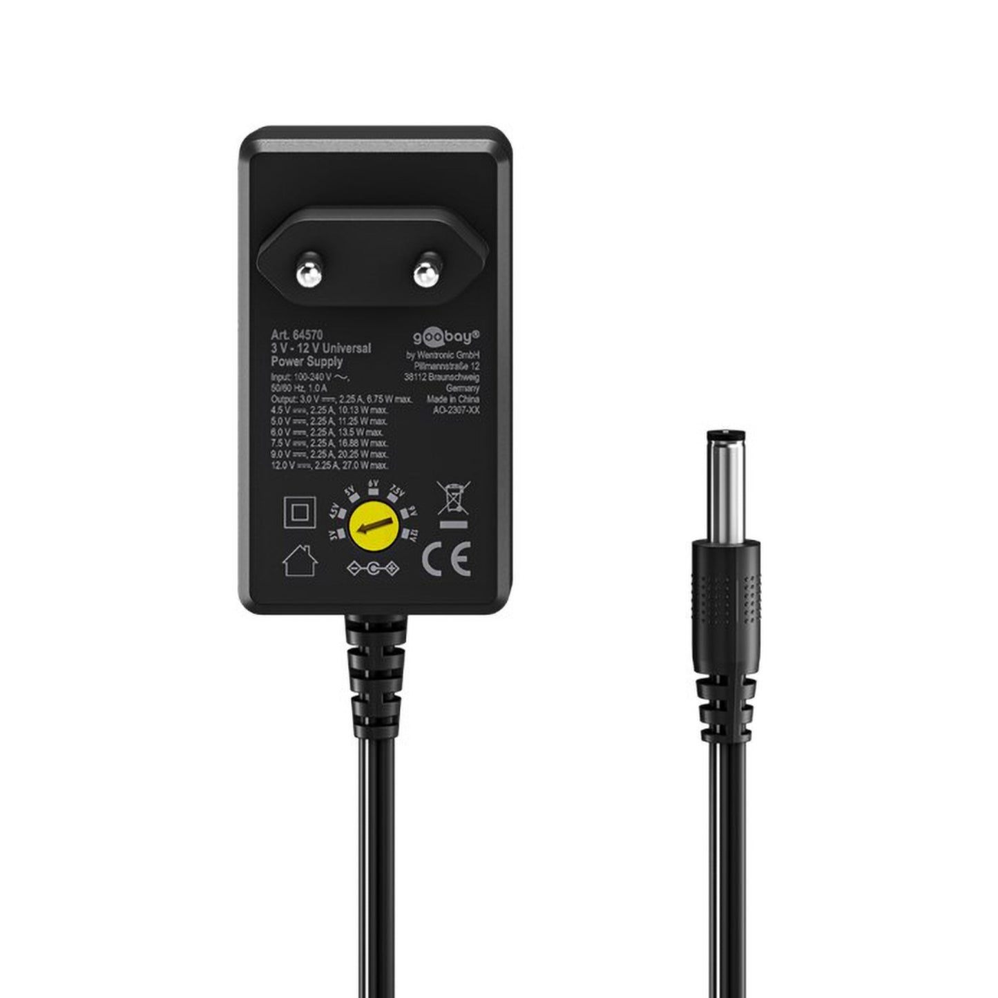 Goobay netadapter 3-12V DC 27W sort, justerbar spænding, to-benet stik, fastmonteret barrel plug, trykte tekniske data.