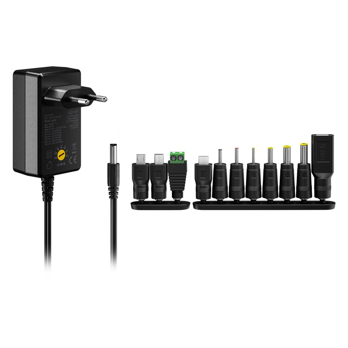 Justerbar netadapter 3-12V DC 27W med europæisk stik og 10 udskiftelige stikspidser, sort.